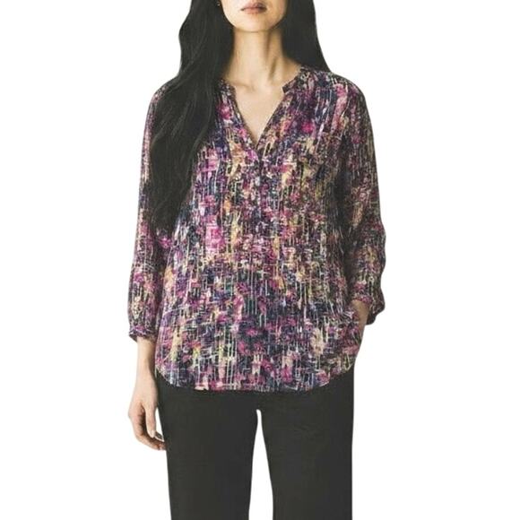 NYDJ Women’s XL 3/4 Sleeve Printed Pintucked Back Blouse Multicolor Print - Picture 2 of 12